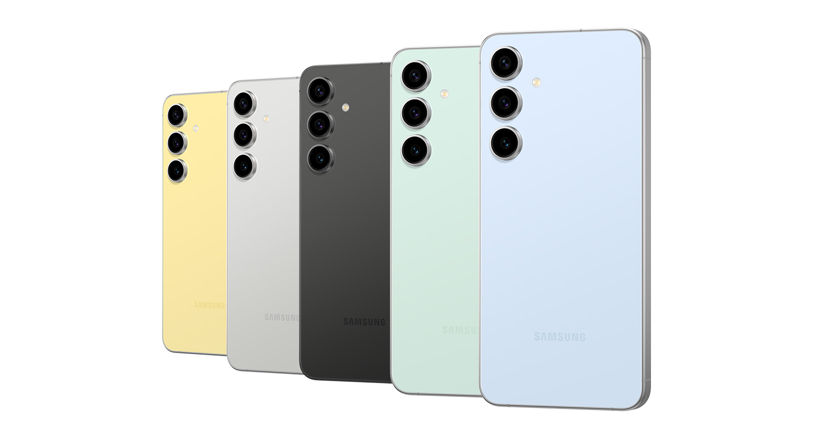 خمسة أجهزة Galaxy S24 FE تقف في صف مع اتجاه الجانب الخلفي نحو الأمام. من اليمين إلى اليسار، تتمثل ألوانها في: الأزرق والنعناعي والجرافيتي والرمادي والأصفر.