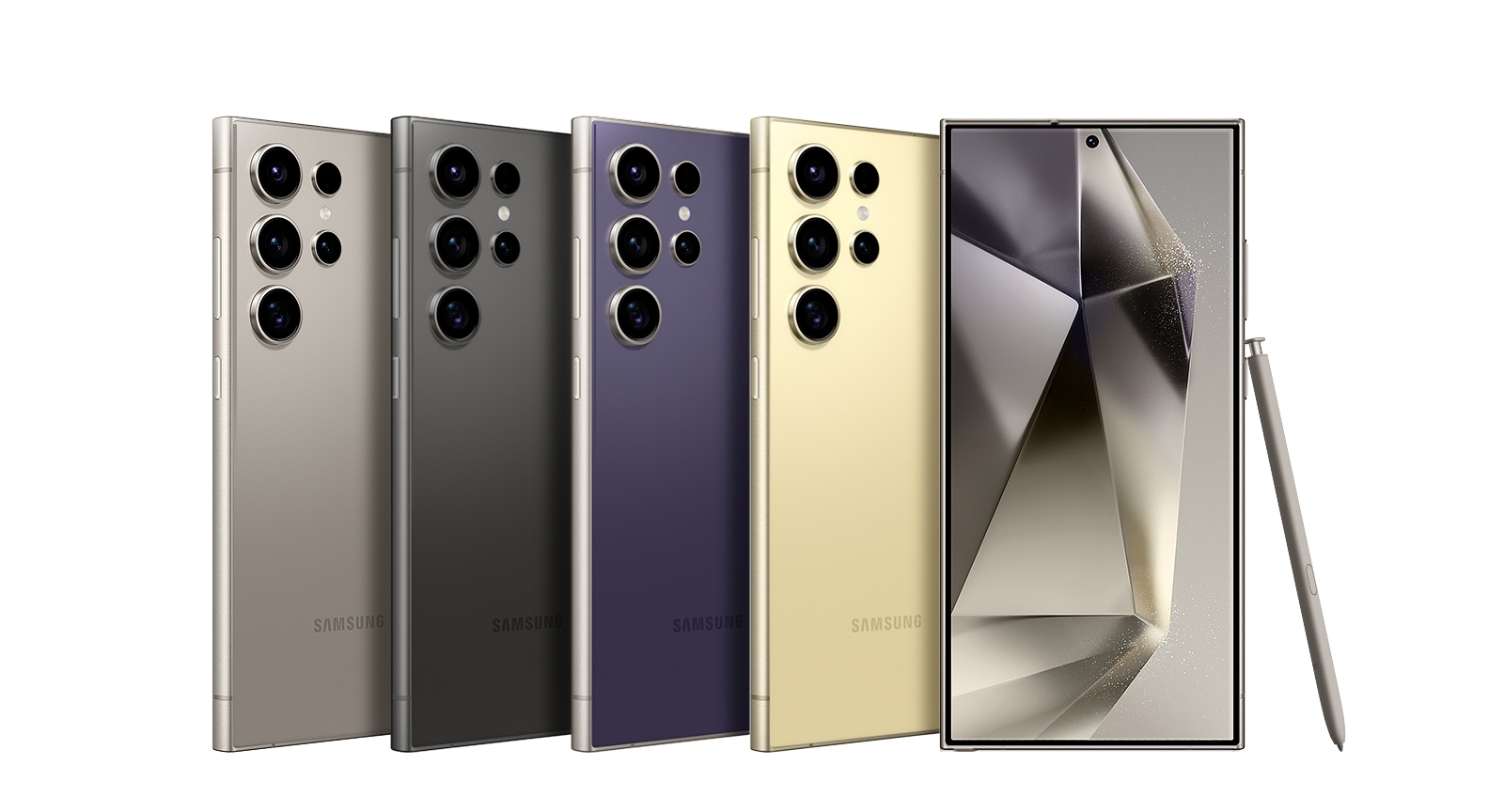خمسة أجهزة Galaxy S24 Ultra تقف على التوالي. يتم عرض أربعة منها وجوانبها الخلفية متجهة للأمام، حيث تواجه جميعها زاوية صحيحة. من اليسار إلى اليمين، الألوان الممثلة هي التيتانيوم الرمادي والتيتانيوم الأسود والتيتانيوم البنفسجي والتيتانيوم الأصفر. يظهر الجهاز الأخير من الأمام. يقع قلم S Pen على الجهاز الأخير.