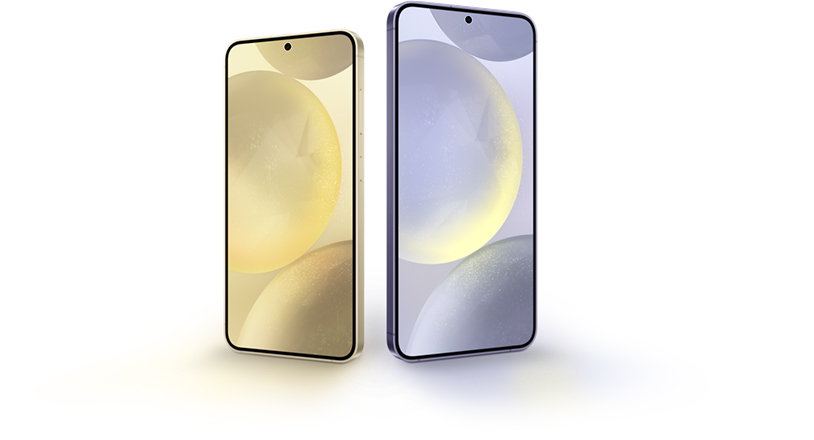 عرض لقطة أمامية لهاتف Galaxy S24 بلون أصفر عنبري، وخلفية لهاتف Galaxy S24 بلون بنفسجي كوبالت.