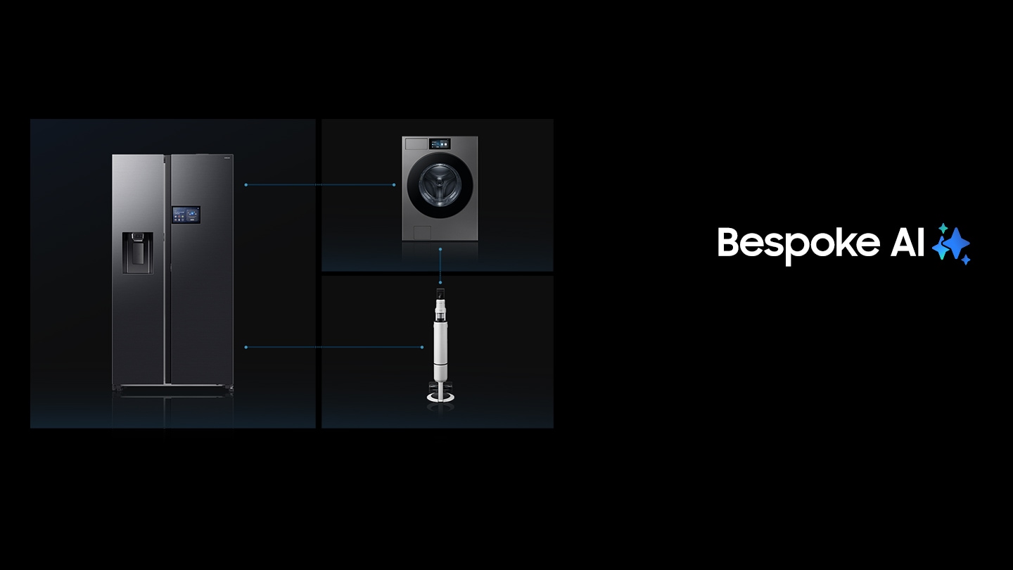 تظهر سلسلة منتجات Samsung’s Bespoke AI جهاز غسيل ملابس Bespoke AI Laundry بصفتين، وجهاز غسيل ملابس Bespoke AI Jet Ultra، وثلاجة Bespoke Four-Door Flex. شعار Bespoke AI.