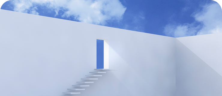 The two white walls with stares ascending one of them to a door that leads to a cloudy blue represent the spirit of the relentless pioneer who breaks new grounds. 