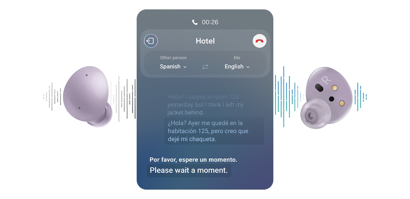 Earbuds of Galaxy Buds2 in Lavendar can be seen. Between the earbuds is GUI of Live Translate. In the background are sound waves that indicate Live Translation.