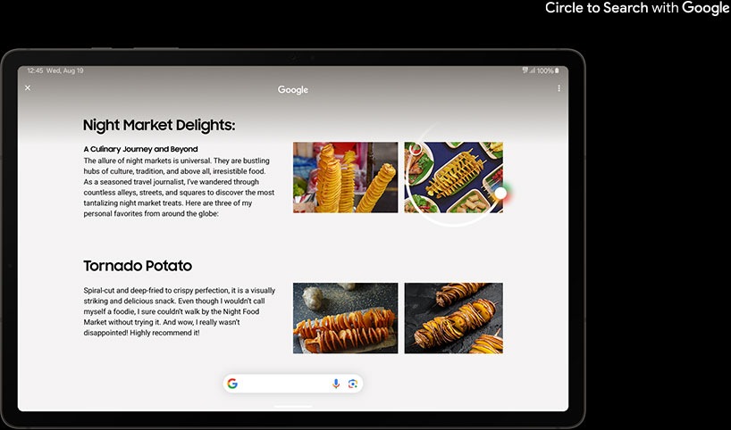Galaxy Tab S9 in Landscape mode with an open web page about night market food. On the top-right-hand side of the page are 2 images of tornado potato. The image on the far right is circled, using the Circle to Search feature. At the bottom of the page is more information about the circled object, the tornado potato.