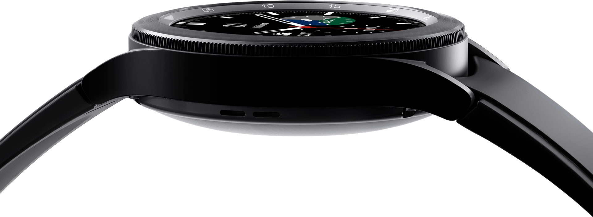 The Galaxy Watch4 Classic device's body is shown in a close-up, with focus on the details of its bezel.
