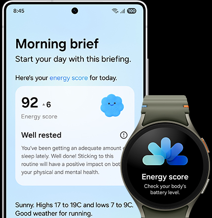 Galaxy S25 Ultra is seen from main screen. Now Brief is active. The Morning brief shows today's Energy Score which has also been synced to Galaxy Watch.