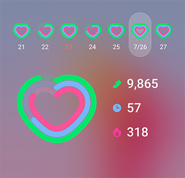 Daily Activity widget shows information of steps, active time and activity calories.