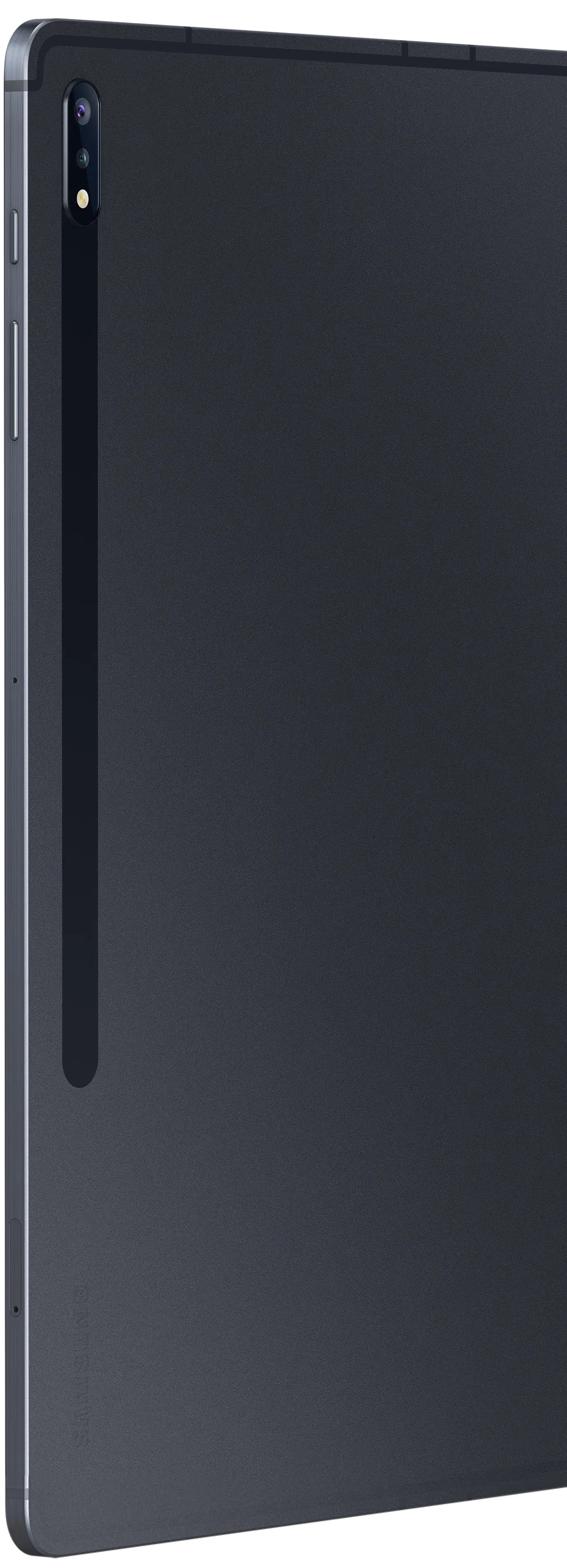 Close-up of Galaxy Tab S7+ in Mystic Black's rear view shows the rear camera placement