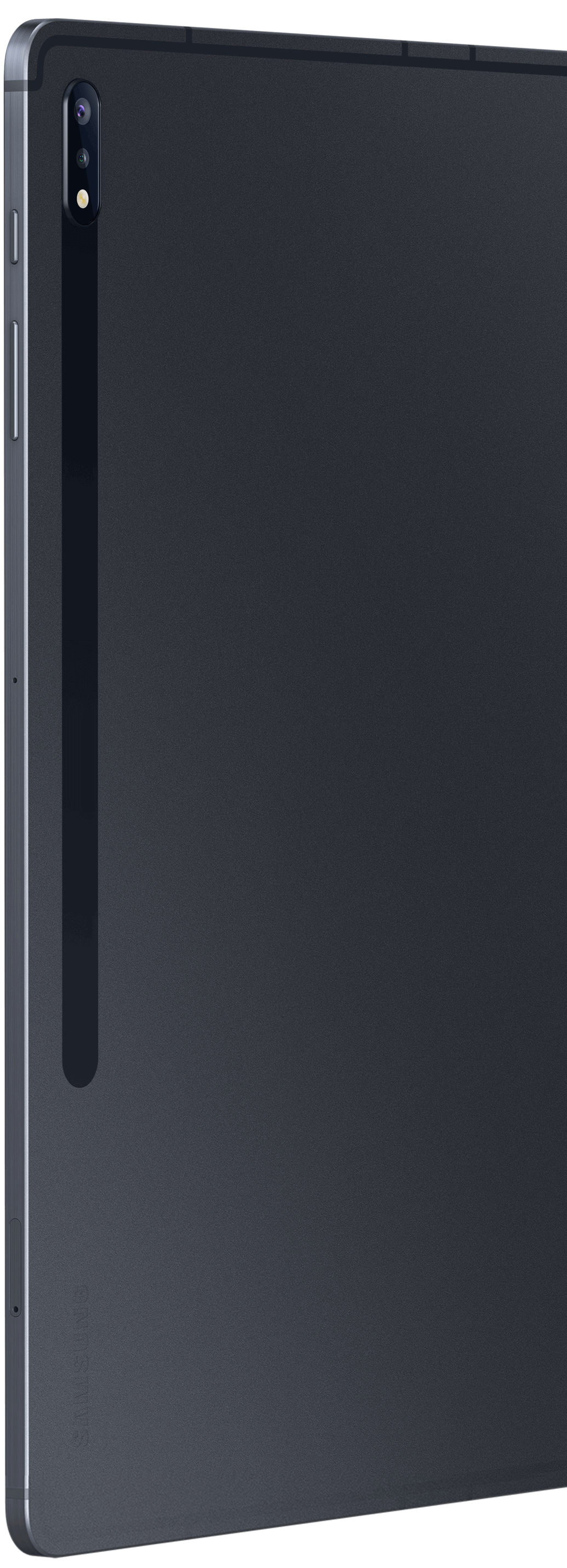 Close-up of Galaxy Tab S7+ in Mystic Black's rear view
                                                                    shows the rear camera placement