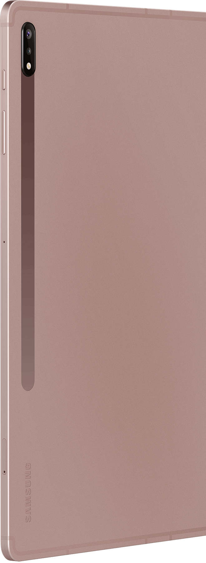 Rear view of Galaxy Tab S7+ in Mystic Bronze