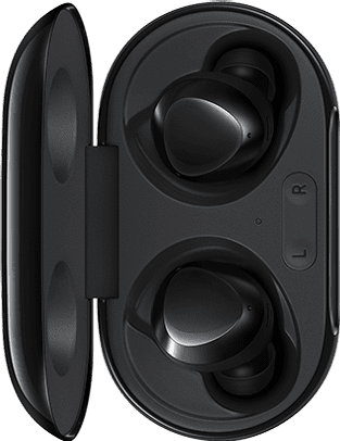 A pair of Galaxy Buds placed vertically on the left mirror a pair of white Galaxy Buds+ on the right.
