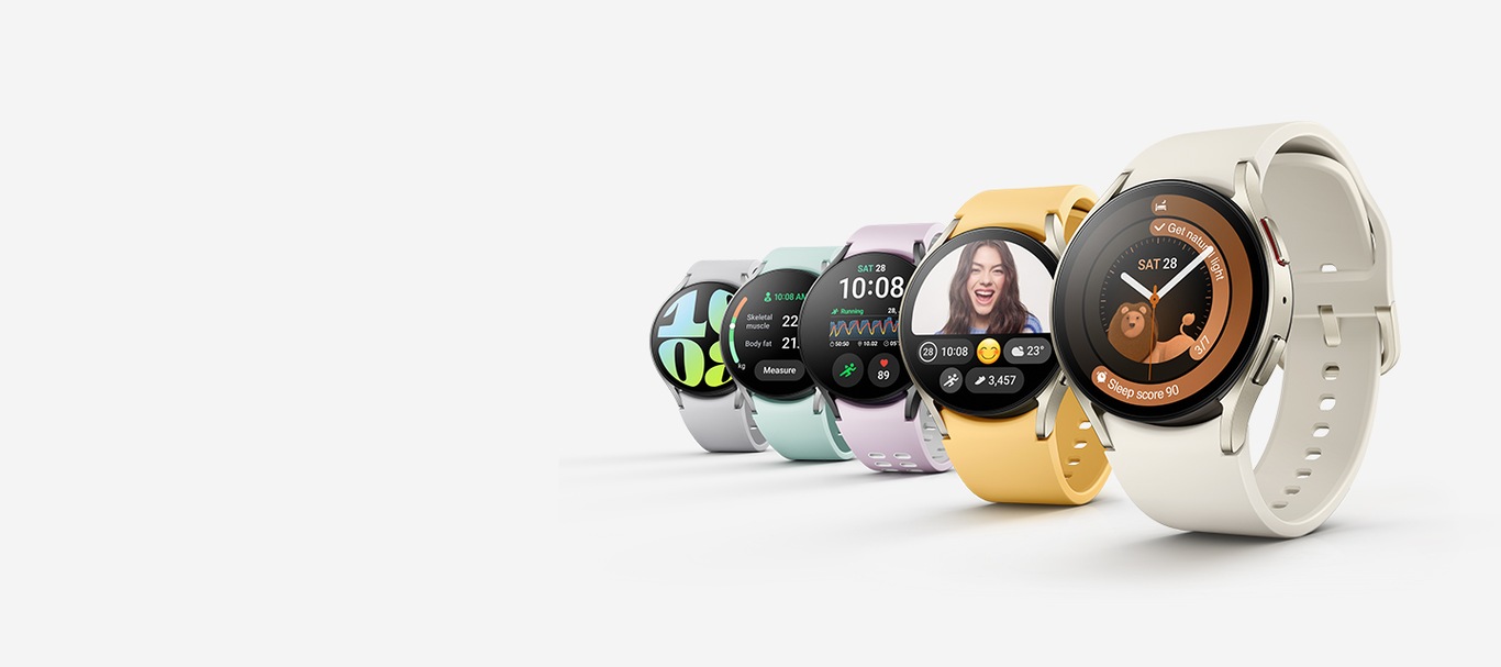 Năm Galaxy Watch6 được xếp hàng theo đường chéo. Mỗi người có một dây đeo đồng hồ khác nhau và hiển thị một màn hình riêng biệt