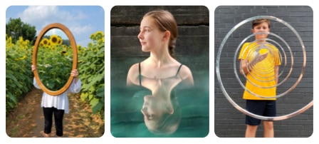 Collage de trois images renfermant une illusion optique, réalisées avec le Galaxy S21 Ultra 5G par la photographe Melissa Nordan. De gauche à droite : une fille tient un grand miroir ovale dans un champ de tournesols, captant le reflet des fleurs alentour ; une fille regarde sur le côté et son profil inversé se reflète sur une surface floue en bas ; un garçon en chemise jaune se tient au centre des spirales argentées d’un ressort magique.