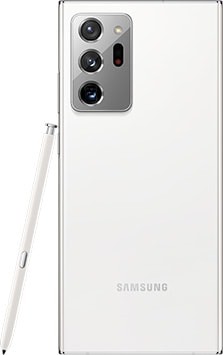 Galaxy Note20 Ultra Blanc Mystique vu de dos. Le S Pen correspondant est appuyé sur le côté.