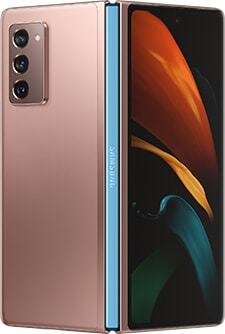 Galaxy Z Fold2 in Mystic Bronze with Metallic Blue hinge, seen from the rear slightly unfolded with the butterfly wallpaper on the Cover Screen.