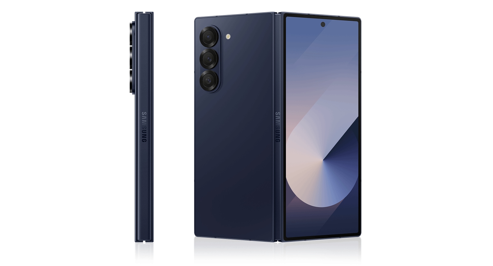 Galaxy Z Fold6 in Navy is seen open from the rear.