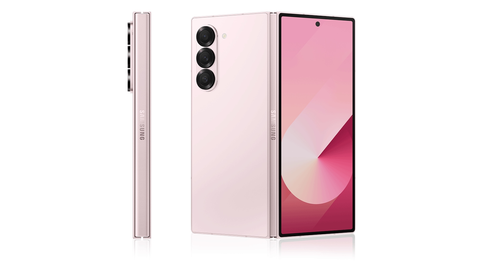 Galaxy Z Fold6 in Pink is seen open from the rear.