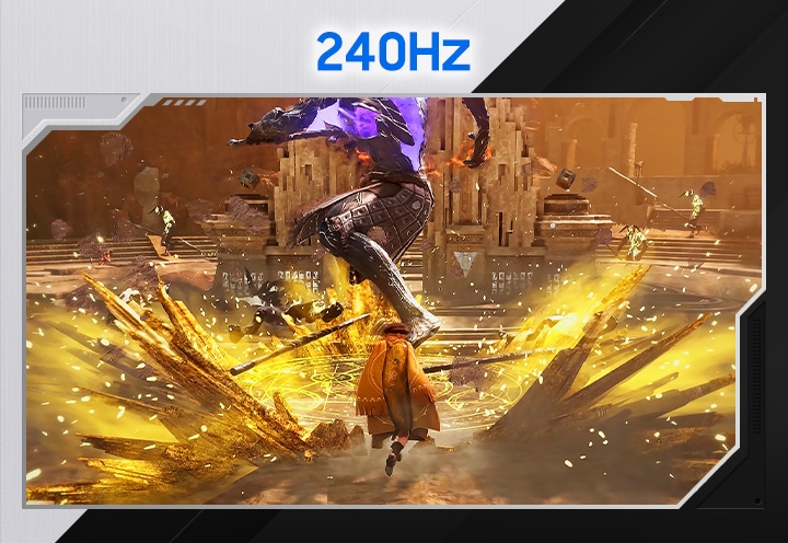 Um guerreiro luta com um dragão em Crimson Desert numa TV para Jogos Samsung. O Motion Xcelerator melhora de 60 Hz para 240 Hz para uma vista mais clara e jogo fluido.