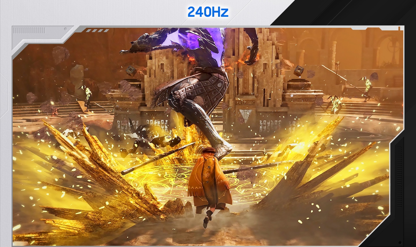 Um guerreiro luta com um dragão em Crimson Desert numa TV para Jogos Samsung. O Motion Xcelerator melhora de 60 Hz para 240 Hz para uma vista mais clara e jogo fluido.