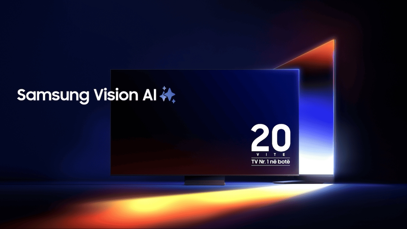 Dy televizorë janë vendosur për të formuar formën e numrit 1. Logoja e Samsung Vision AI. 20 Vjet Logoja e televizorit numër 1 në nivel global.