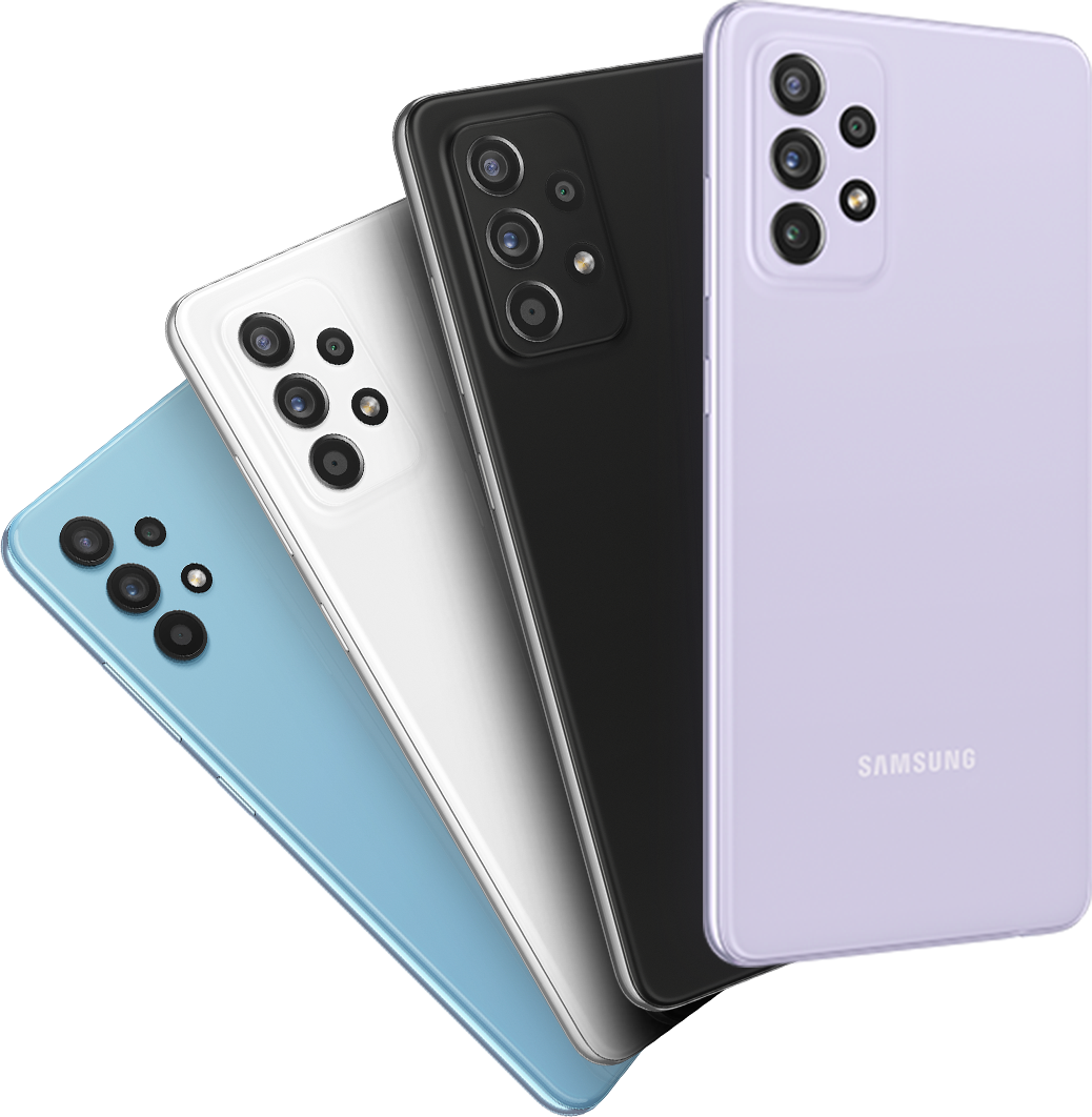 Katër telefona Galaxy A52 në ngjyrë E bardhë, E zezë, Lejla dhe Blu të hapur në formë erashke dhe që shihen nga pjesa e pasme.