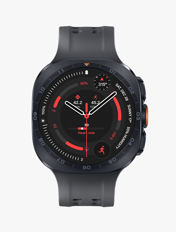 Pamje e përparme dhe pamje nga afër këndore e Galaxy Watch Ultra2 me një rrip detar në të zezë, që shfaq një pamje ore për ushtrime me biçikletë.