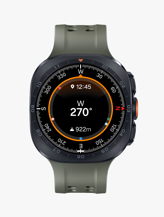 Pamje e përparme dhe pamje nga afër këndore e Galaxy Watch Ultra2 me një rrip detar në ngjyrë ulliri, që shfaq një pamje të orës Compass. 