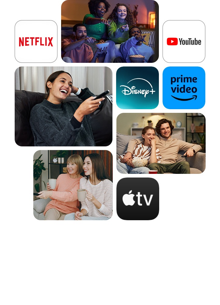 Grupe të ndryshme të njerëzve që buzëqeshin, ulen në divan dhe shohin TV. Logo të Netflix, YouTube, Disney Plus, Amazon Prime Video dhe Apple TV.