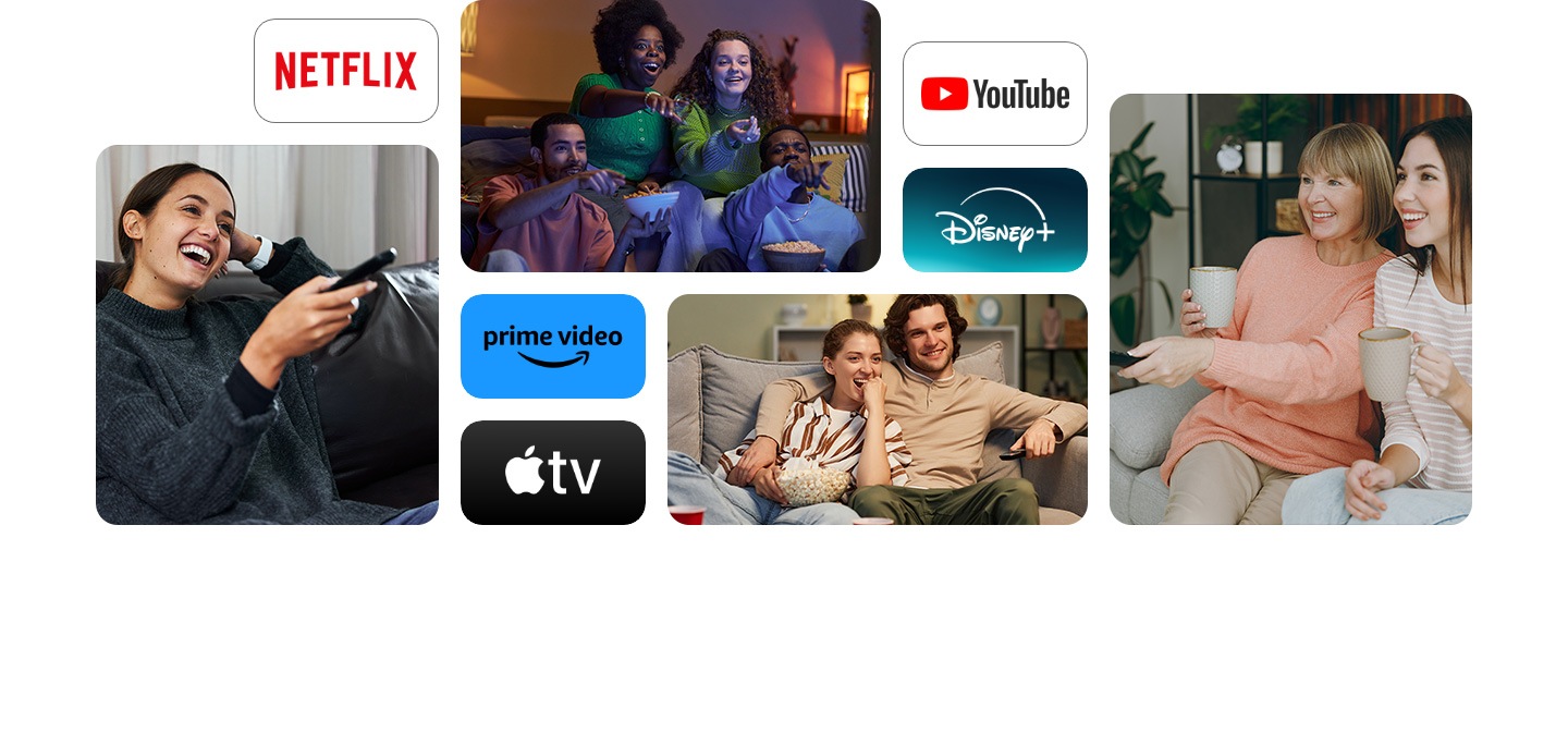 Grupe të ndryshme të njerëzve që buzëqeshin, ulen në divan dhe shohin TV. Logo të Netflix, YouTube, Disney Plus, Amazon Prime Video dhe Apple TV.