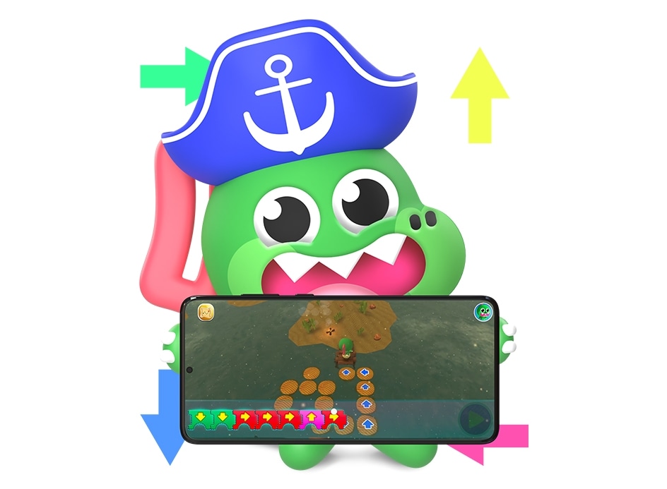 Simulated image of Crocro ready for adventure and wearing a pirate hat and holding a smartphone in landscape mode. Onscreen is a scene from Crocro's Adventure showing how creating a path for Crocro helps him cross the bridge. There is also an icon for the Crocro's Adventure application.