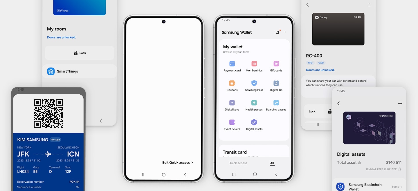 In the center, two smartphones show the various digital assets that can be stored in Samsung Wallet. One screen displays them as categories in the Samsung Wallet home screen, while the other screen shows them stacked together as cards in the Quick access view. The smartphones are surrounded by smartphone GUI screens, each of which showcases an individual asset, including a room key, a car key, a boarding pass and financial digital assets.
