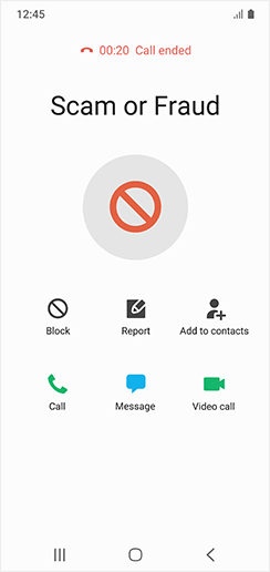A screenshot showing a scam or fraud call has just ended, including icons for six available options (Block, Report, Add to contacts, Call, Message, Video call).
