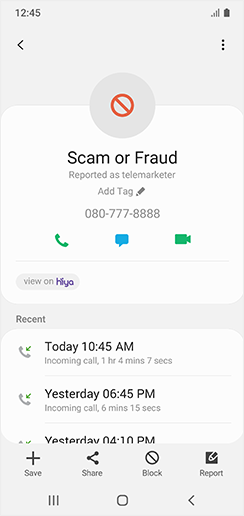 A screenshot showing the number registered as a scam or fraud and a list of recent calls from that number.
