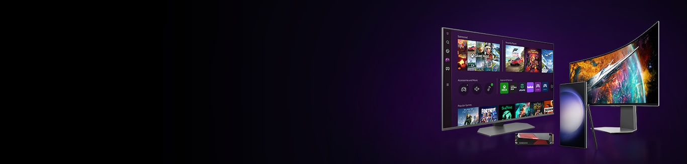 A Smart monitor, Odyssey G9 monitor, a S23 Ultra with S Pen and a Memory SSD on a dark background