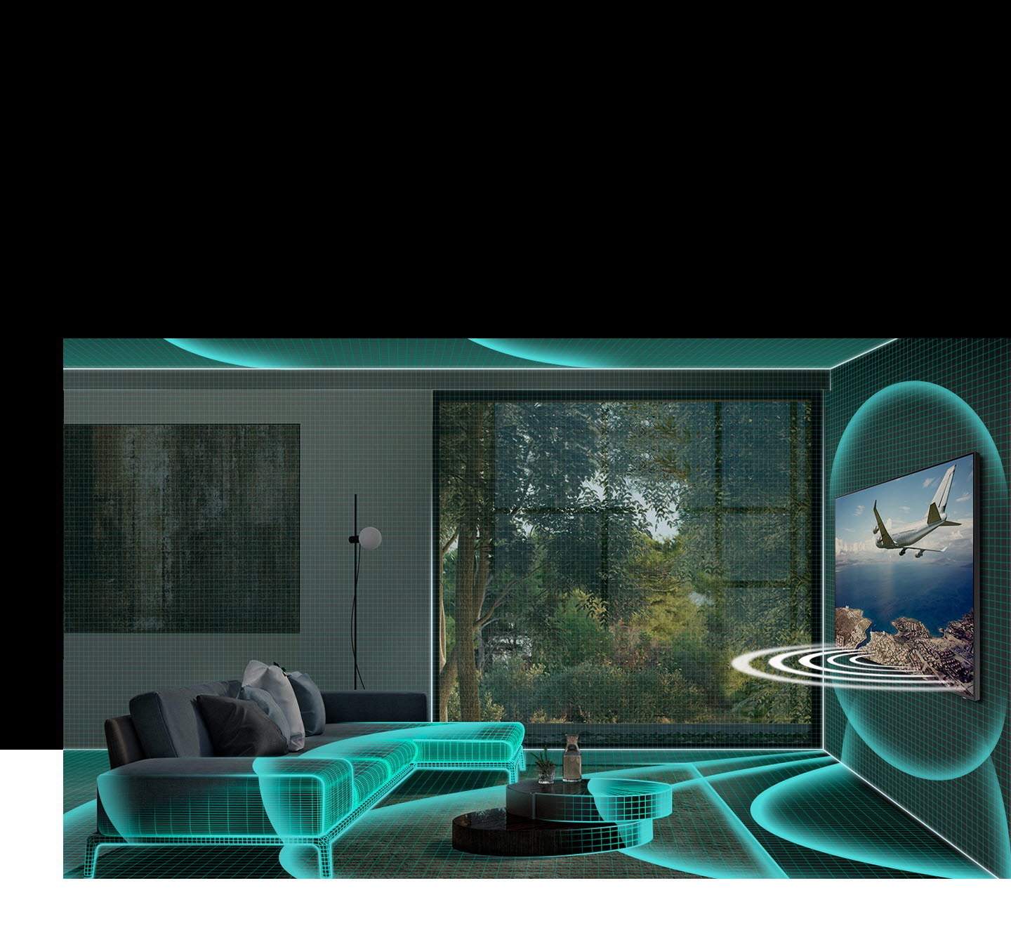 Los gráficos Soundwave se proyectan desde el televisor montado en la pared, se extienden por el interior del salón para demostrar la capacidad de análisis de la habitación de SpaceFit Sound.