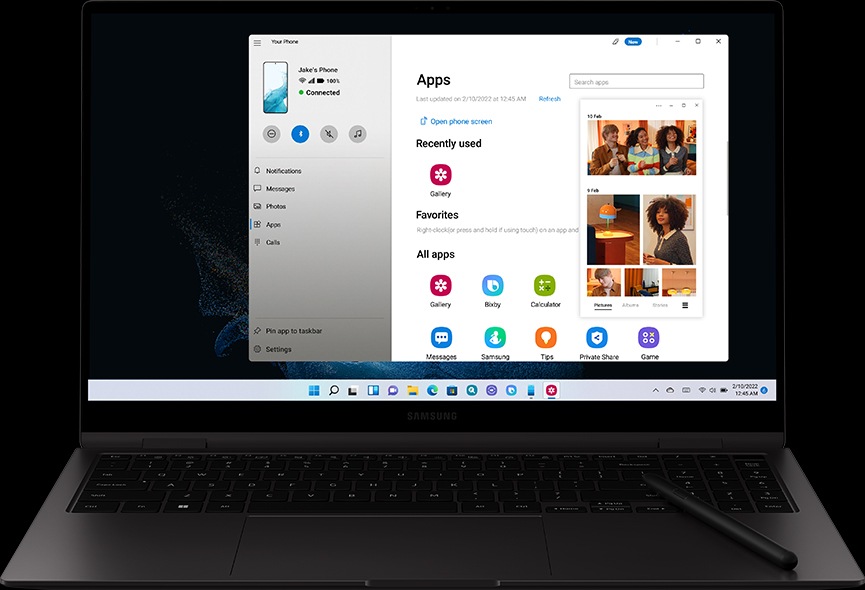 Galaxy S22 plus and a Galaxy Book laptop both seen from the front. Galaxy S22 plus has the Gallery app onscreen, showing photos. Galaxy Book has the Link to Windows app onscreen, showing the same Gallery app opened on the PC.