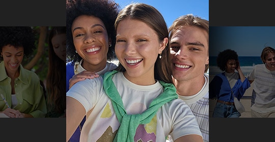 Una selfie de tres personas al aire libre tomado con el Galaxy S23 Series. Las principales características de retrato de todos los sujetos son nítidas a pesar de estar ligeramente retroiluminadas.