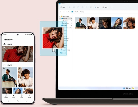 La aplicación Gallery está abierta en un Galaxy S23 plus. Junto a ella, se abre ventana con una carpeta con archivos de fotos de modelos en la pantalla de una computadora portátil. Se está arrastrando y soltando una foto de la aplicación Gallery del Galaxy S23 plus en la carpeta de la pantalla de la computadora portátil.