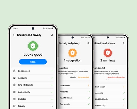 Las pantallas de tres dispositivos Galaxy S23 plus se muestran cada una con diferentes grados de protección de seguridad en tiempo real, que van desde muy seguros hasta muy vulnerables. El primer dispositivo recibe una notificación de "Parece correcto", que indica que el dispositivo está totalmente protegido. El segundo dispositivo con protección moderada recibe una sugerencia para reforzar su seguridad, mientras que el tercer dispositivo más susceptible recibe dos advertencias sobre posibles filtraciones de datos.