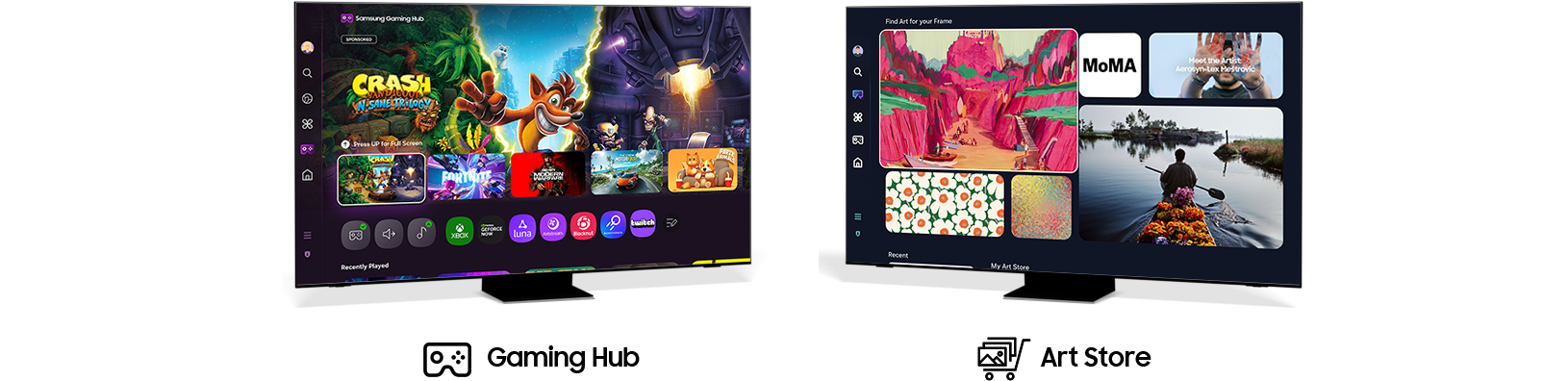 Tres televisores que muestran la interfaz de usuario para Gaming Hub, Samsung TV Plus y Art Store.
