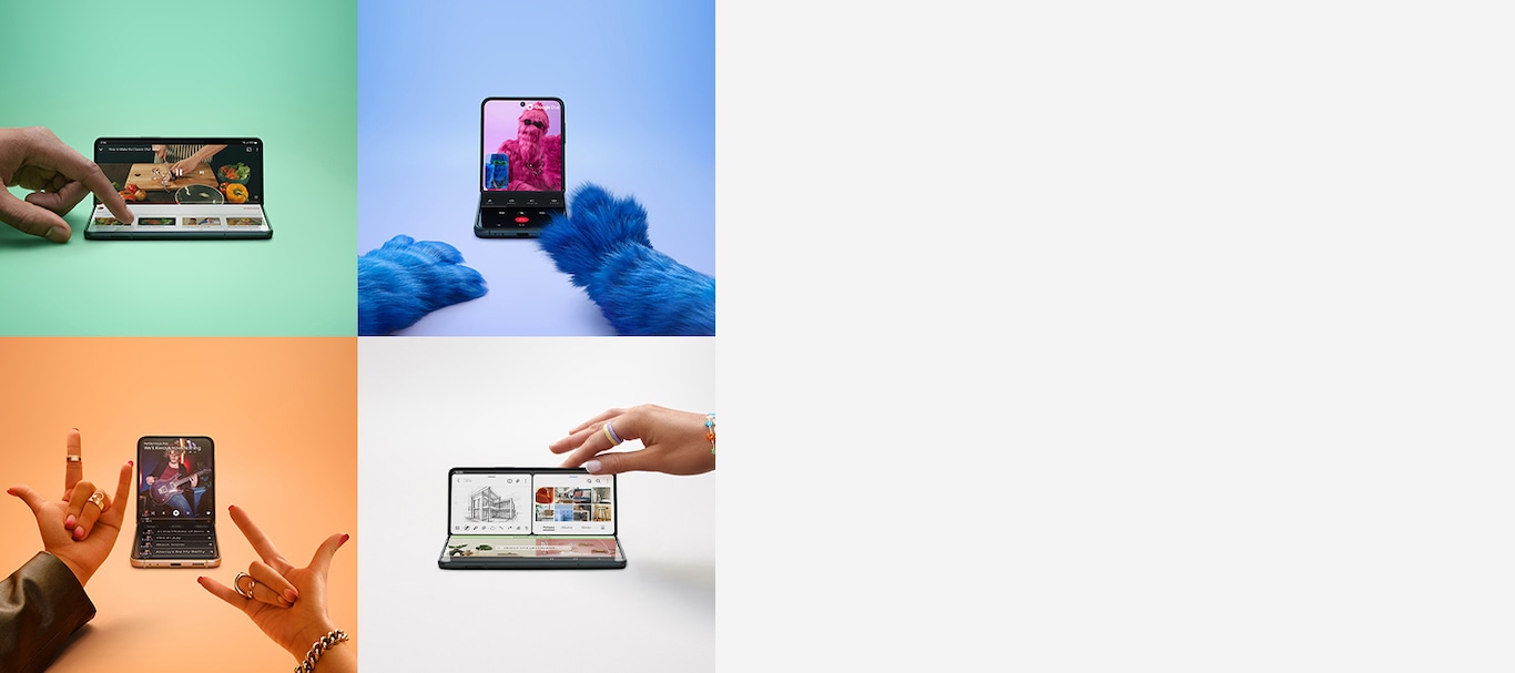 Vier Szenen mit Galaxy Z Fold3 und Galaxy Z Flip3. In der ersten Szene ist das Galaxy Z Fold3 im Flex-Modus leicht gefaltet und zeigt ein Video auf dem Hauptdisplay. Eine Hand tippt auf die untere Hälfte des Displays. Szene zwei: Das Galaxy Z Flip3 ist im Flex-Modus gefaltet, auf dem Hauptdisplay läuft ein Google Duo-Videocall. Szene drei: Das Galaxy Z Flip3 ist im Flex-Modus gefaltet und zeigt eine Wiedergabeliste auf dem Hauptdisplay. Die vierte Szene zeigt das Galaxy Z Fold3 im Flex-Modus, mit drei gleichzeitig geöffneten Apps auf dem Hauptdisplay: Samsung Notes mit einer Skizze, die Galerie mit Vorschaubildern und der Browser mit einer Website.