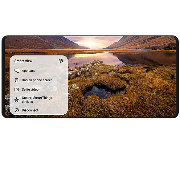 Ein Galaxy-Smartphone mit Smart View-Popup-Fenster auf dem Bildschirm mit 5 Optionen: App Cast, Telefonbildschirm abdunkeln, Selfie-Video, SmartThings-Geräte steuern und Trennen.