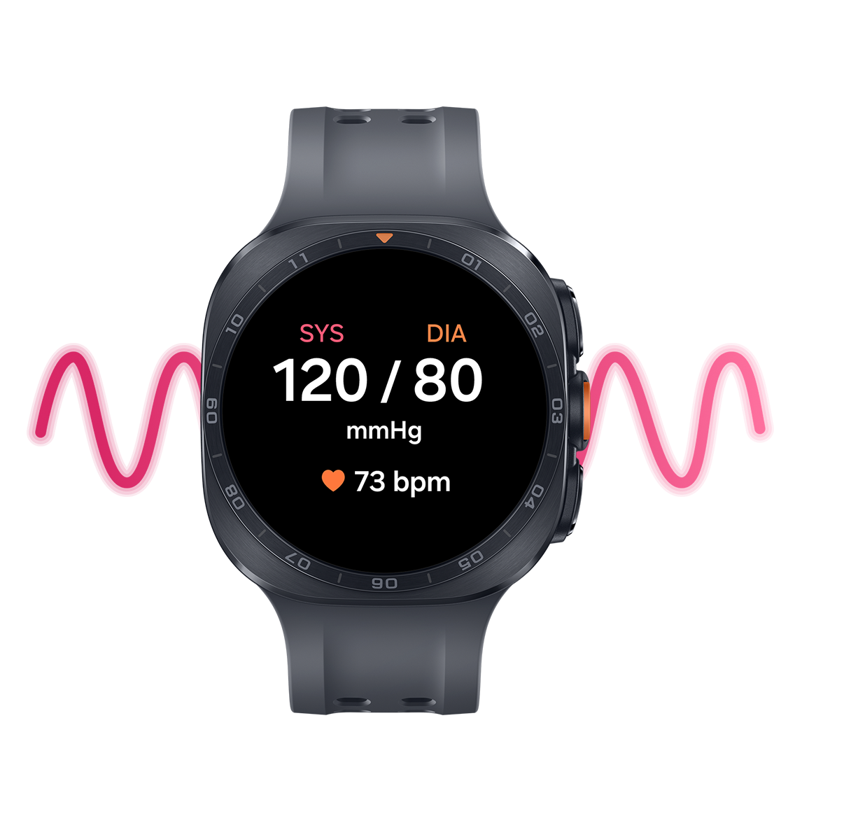 Frontansicht der Galaxy Watch Ultra2 in Titanium Gray mit einem Marine Band in Black. Auf dem Display ist die Blutdruckmessung mit den Werten SYS 120, DIA 80 mmHg und 73 bpm zu sehen.