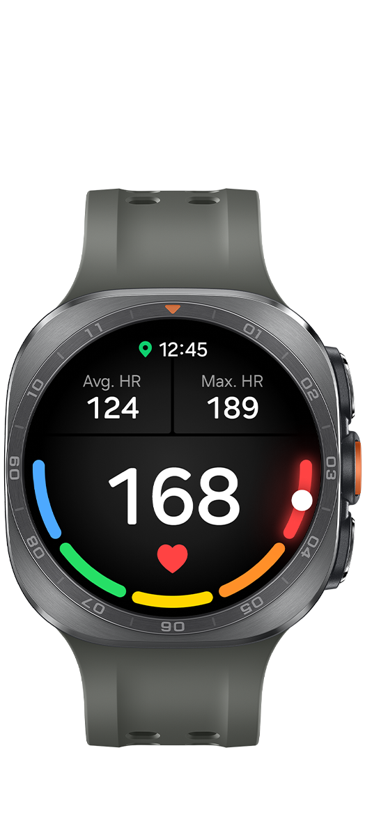 Frontansicht einer Galaxy Watch Ultra2 in Titanium Silver mit einem Marine Band in Olive. Das Display zeigt die personalisierte Herzfrequenzzone. Die durchschnittliche, maximale und aktuelle Herzfrequenz werden mit dem Wert 168 angezeigt. Ein Punkt auf einem gebogenen, in Herzfrequenzzonen unterteilten Balken markiert den genauen Bereich.