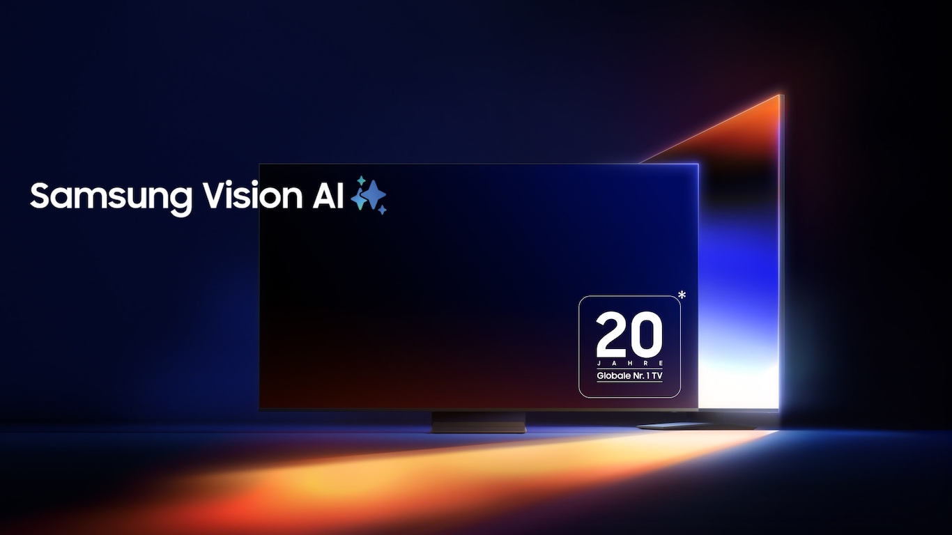 Zwei TV-Geräte von Samsung sind so angeordnet, dass sie die Form der Zahl 1 bilden. Das Samsung Vision AI-Logo. Das Logo „20 Years Global No. 1 TV“.