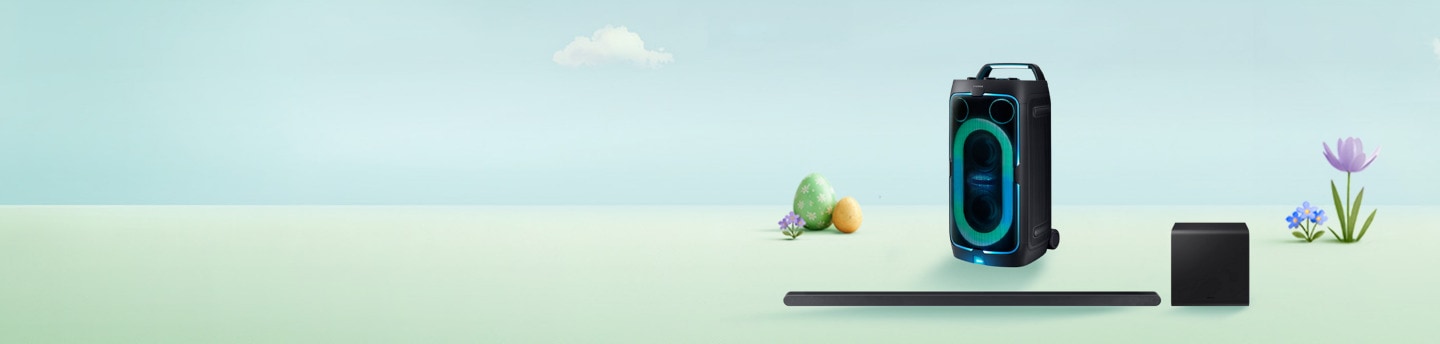 Samsung Soundtower und Soundbar auf einer animierten Blumenwiese mit Ostereiern.