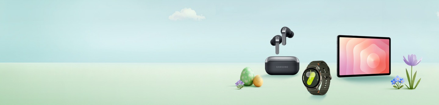 Samsung Galaxy Buds4 Pro, Galaxy Watch7 und Galaxy Tab S11 auf einer animierten Blumenwiese mit Ostereiern.
