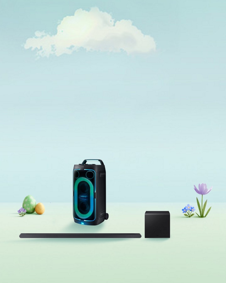 Samsung Soundtower und Soundbar auf einer animierten Blumenwiese mit Ostereiern.