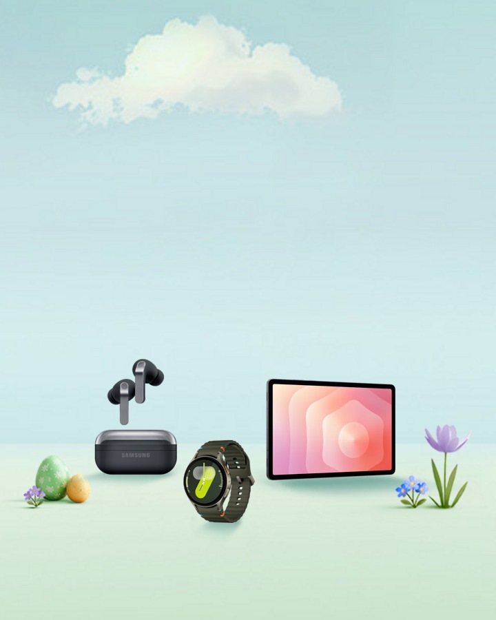 Samsung Galaxy Buds4 Pro, Galaxy Watch7 und Galaxy Tab S11 auf einer animierten Blumenwiese mit Ostereiern.