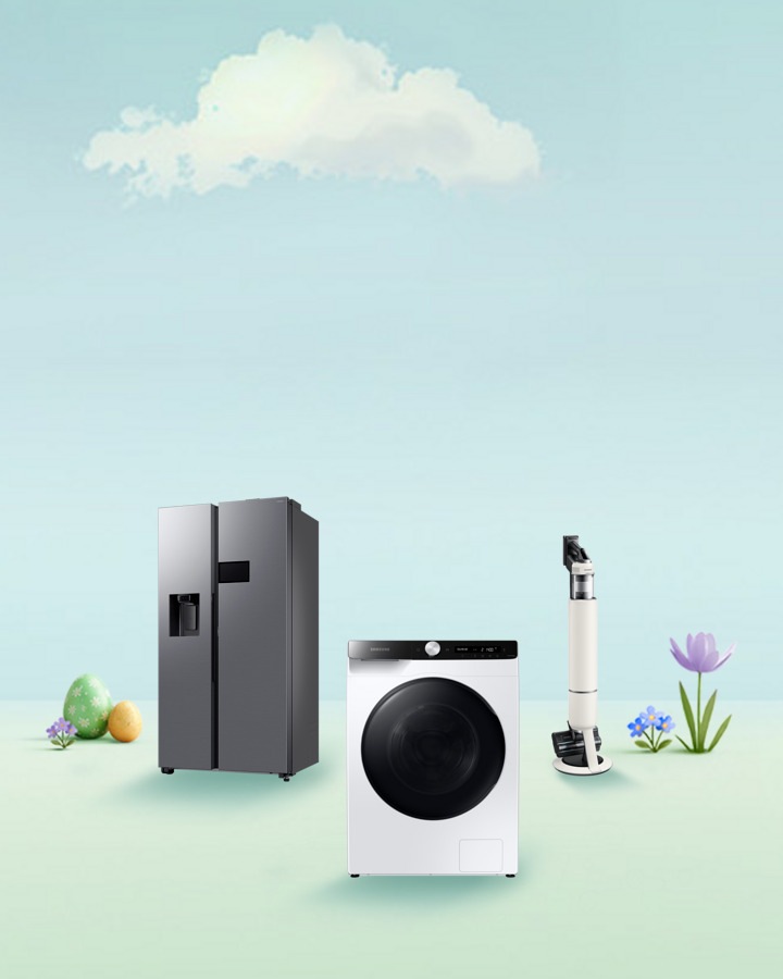 Samsung Kühlschrank, Waschmaschine und Staubsauger auf einer animierten Blumenwiese mit Ostereiern.