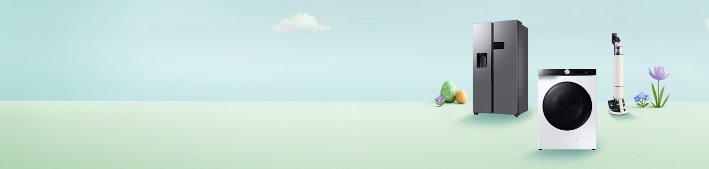 Samsung Kühlschrank, Waschmaschine und Staubsauger auf einer animierten Blumenwiese mit Ostereiern.